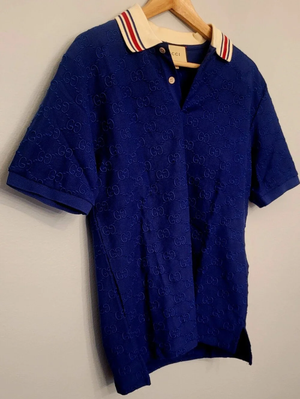 🇮🇹 GUCCI Embroidered 👕Navy Blue GG Jacquard Polo🇮🇹 with Cream Stripe Collar